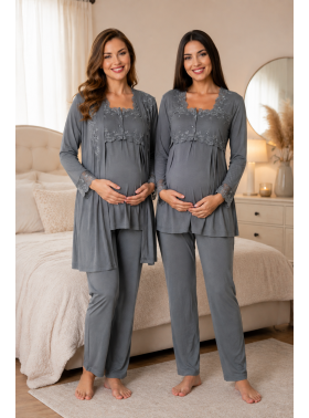 Effortt 2401 Koyu Gri Sabahlıklı Lohusa Pijama Takımı
